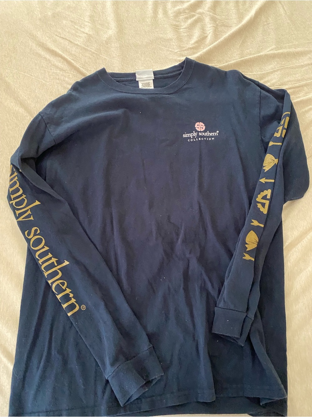 Simply Southern Navy Long Sleeve Tee with Gold Sleeve Graphics